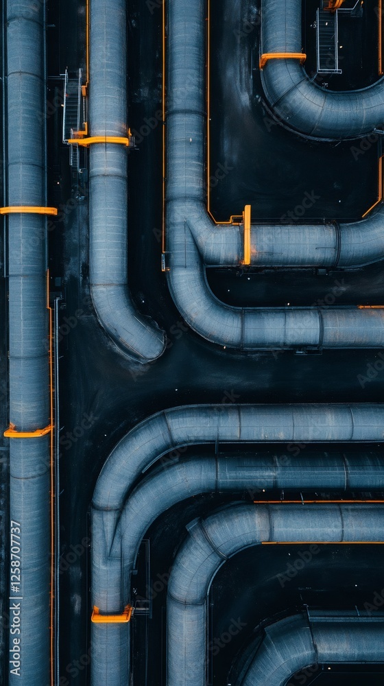 Poster Aerial view capturing a complex network of industrial pipelines transporting resources within a modern refinery, highlighting the vital role of energy production and distribution
