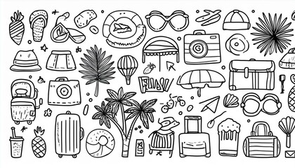 Summer travel vacation drawn icon set. Hand drawn sketch doodle style summer trip, vacation icon. Camera, travel bag, palm doodle element. Funny tourism perfect any project.