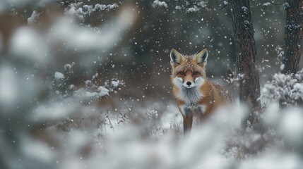Obraz premium Red Fox Standing in Snowy Winter Woods