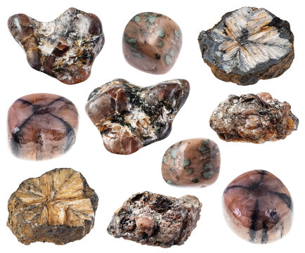 natural specimens of uncut andalusite rocks cutout
