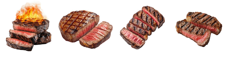 Fototapeta premium Grilled steak cuts arranged on a black background.