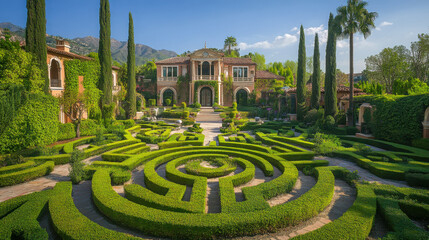 Naklejka premium Elegant circular labyrinth garden at sunset with a scenic view of the landscape and a charming house in the background