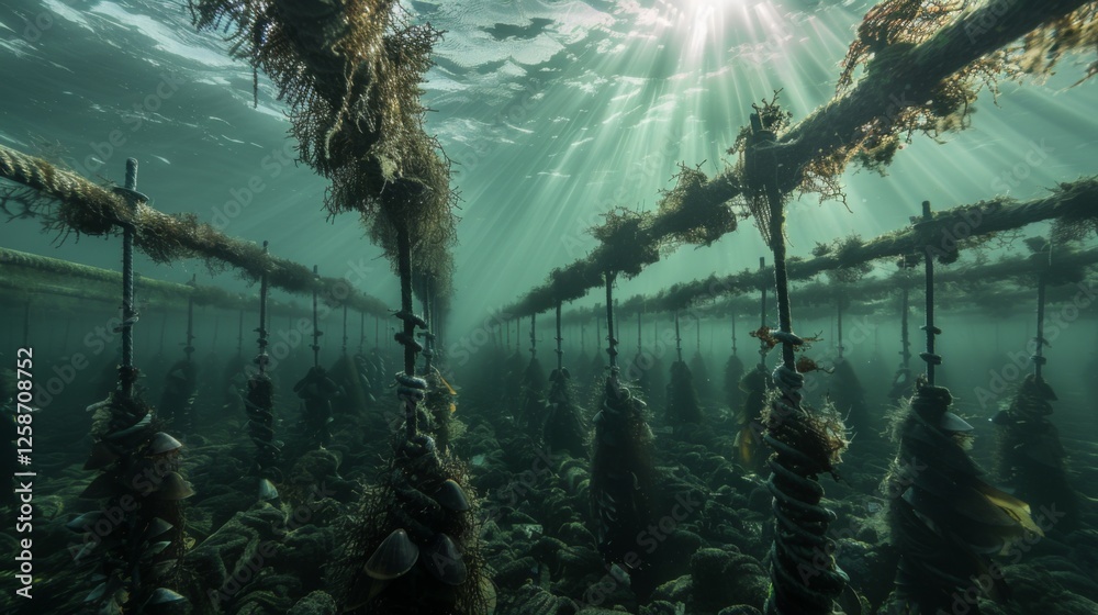 Poster underwater view reveals hanging ropes lined with oysters, thriving in a marine farming environment, 