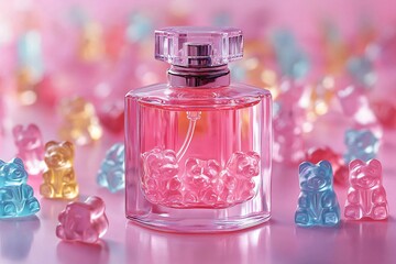 Pink Perfume Bottle Surrounded by Gummy Bears Sweet Scent Girly Fragrance Candy Cosmetics