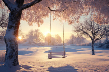 Frosty swing, winter sunrise, park. Childhood memories 
