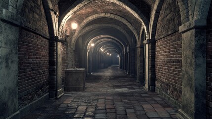 Dark brick corridor, gothic architecture, mystery, dimly lit, background for horror