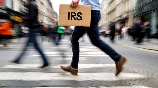 tax deadline panic, a hurried taxpayer races to the post office with tax forms and an irs envelope amidst a bustling city