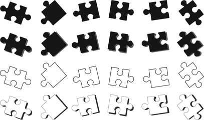 Puzzles pieces isolated. Black and white 3d puzzle pieces with shadows. Puzzles elements. Teamwork and idea generation concept. Black and white puzzle pieces.
