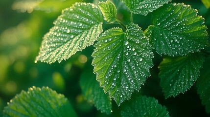 A close-up of fresh green leaves covered in morning dew, symbolizing purity and nature beauty