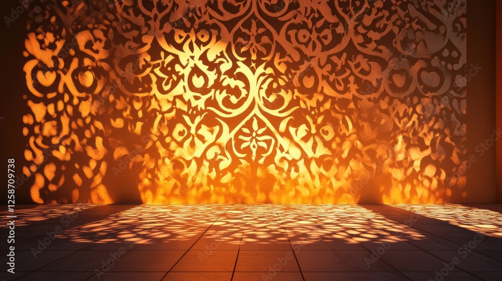 Poster soft amber hues illuminate an elegant backdrop, where detailed arabesque patterns create mesmerizing