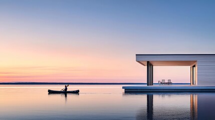 Kayaking at Sunset Beside Modern Wooden House on Lake