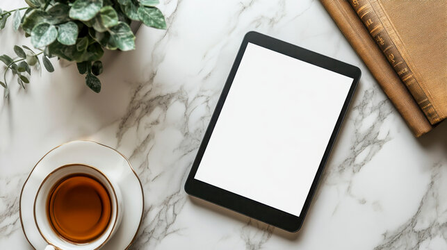 E-book reader on a marble table next to a cup of tea and some stacked books