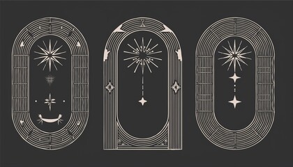 Boho mystic arch frame set. Minimal line style arch, oval shape boho frame with star, geometric element for badge, logo design. perfect any project.