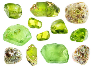 natural specimens of uncut peridot rocks cutout