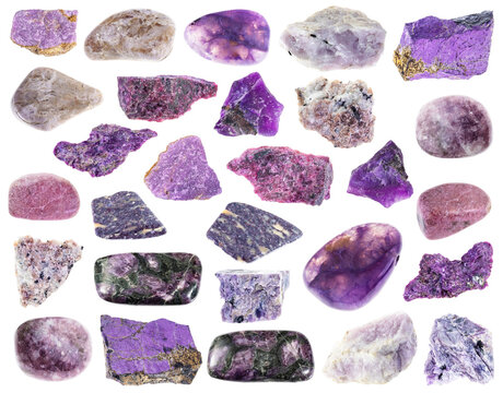 natural specimens of uncut purple rocks cutout