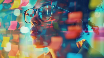 Thoughtful Professional in Creative Workspace with Colorful Sticky Notes for Brainstorming Ideas