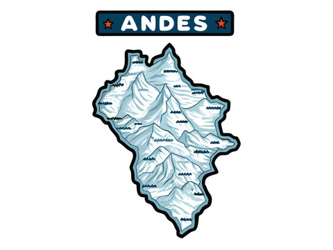 Create a detailed vector map of the Andes mountain range, highlighting major peaks and geographical features.  Include country borders.
