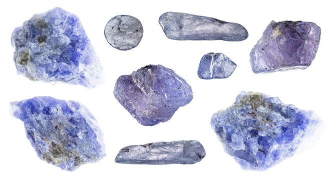 natural specimens of uncut tanzanite rocks cutout