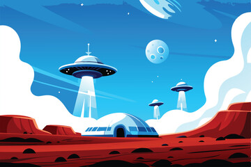 A futuristic metallic space station rests on the rust-colored Martian landscape, casting a long shadow.  Detailed depiction of Martian terrain. © ndomble