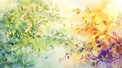 Fototapeta premium Watercolor Painting of Green and Autumnal Branches