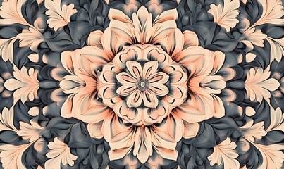 Fototapeta premium Intricate floral mandala design with symmetrical patterns and soft color contrasts creating a soothing visual effect.