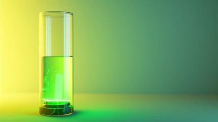 Brightly lit cylindrical energy cell containing green liquid, glowing vividly on a yellow-green gradient background, symbolizing clean energy and futuristic design. AI generated.