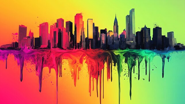 A melting city skyline dripping into a pool of neon colors - Powered by Adobe