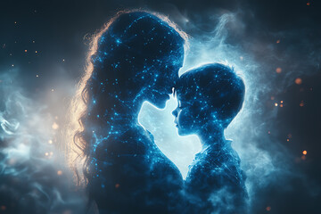 An abstract digital background featuring an image forming the shape of a mother and son embracing, highlighted by connecting data points in blue and black colors.