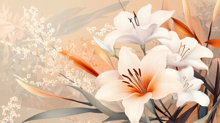 Artistic latte shaded floral illustration with fine details, featuring elegant white and peach lilies with soft orange accents, surrounded by delicate foliage and blossoms warm, pastel toned