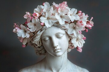 Serene Marble Bust Adorned with Delicate Pink and White Blossoms Springtime Elegance