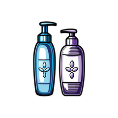 Create a minimalist vector illustration of a shampoo and conditioner bottle set, emphasizing clean lines and simple shapes.  Include labels.