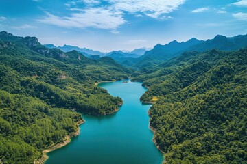 Aerial view Serene mountain lake, lush valley, blue sky, travel brochure