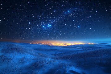 Starry night sky over snowy landscape with distant city lights illuminating horizon