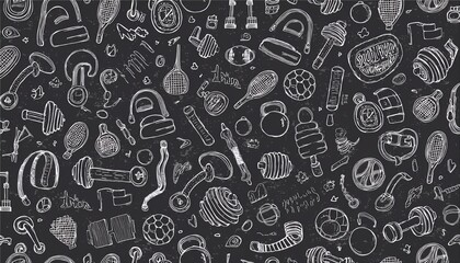 Doodle gym sketch health seamless pattern background. Hand drawn sketch doodle healthy sport, gym fit exercise equipment background. Seamless sport chalkboard pattern. perfect any project.
