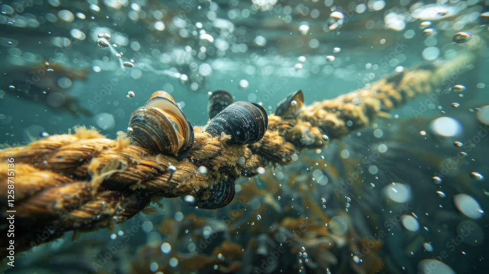 Poster beneath the water's surface, a thick rope supports the growth of various shellfish while bubbles ris