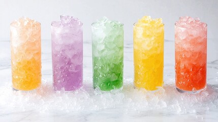 Colorful Iced Beverages on Marble Surface
