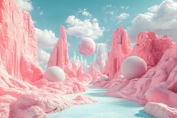 Surreal Pink Landscape with Floating Spheres and a Pastel City Skyline Dreamlike Fantasy Scene