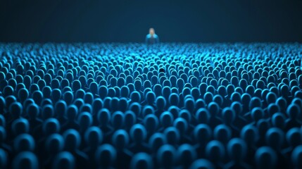 Obraz premium A lone figure stands amidst a vast crowd of identical blue silhouettes, creating a striking visual contrast and exploring themes of individuality and conformity.