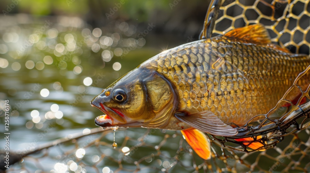 Poster a fisherman successfully reels in a colorful fish, showcasing its sharp scales and glistening body w