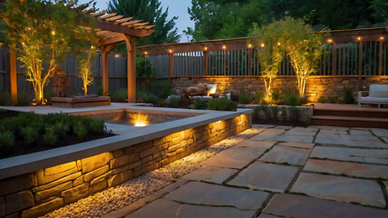 Obraz premium Back Yard Garden Aerial View with Outdoor Lights