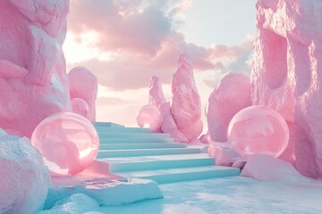 Surreal Pink Mint Dreamland Landscape with Glass Spheres and Steps