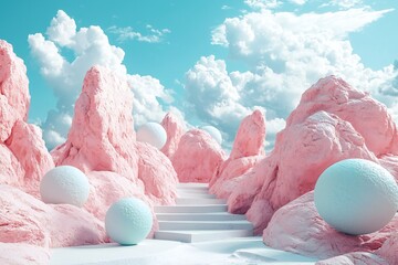 Surreal Pink Rock Formation Landscape with White Spheres and Steps Dreamy Scene