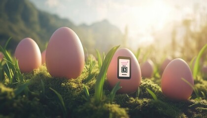 A cell phone rests among a cluster of eggs, showcasing a unique juxtaposition of technology and nature in a visually intriguing composition.