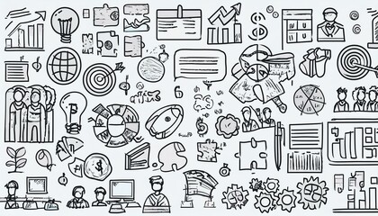 Fototapeta premium Doodle business icon set. Doodle business strategy, finance, office people teamwork concept. Target, puzzle, chart element. Hand drawn sketch style perfect any project.