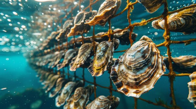 Beneath the surface, healthy oysters are suspended on a submerged mesh, thriving in clear seawater, showcasing the aquaculture process in a coastal setting.