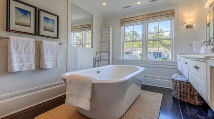 Elegant White Bathroom Featuring Freestanding Tub and Natural Light