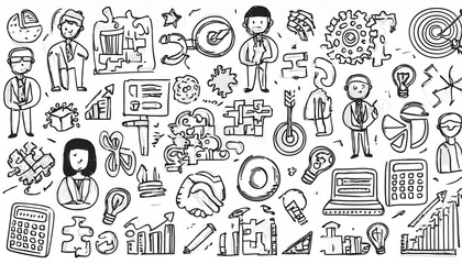 Doodle business icon set. Doodle business strategy, finance, office people teamwork concept. Target, puzzle, chart element. Hand drawn sketch style perfect any project.