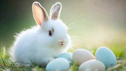 Obraz premium A white rabbit rests in lush green grass, surrounded by colorful eggs, symbolizing spring and Easter festivities.