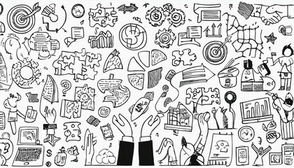 Obraz premium Doodle business icon set. Doodle business strategy, finance, office people teamwork concept. Target, puzzle, chart element. Hand drawn sketch style perfect any project.