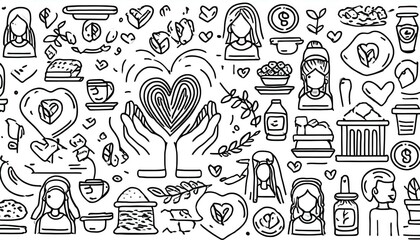 Charity hand, money, blood donation doodle line icon. Charity volunteer, support, blood donor concept icon set. Volunteer heart, donate food hand drawn doodle sketch style line. perfect any project.